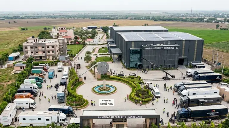 Ahmedabad Film City promotional film by Incube Pixel showcasing film sets, production infrastructure, aerial views, shooting locations, and cinematic facilities for media and entertainment projects.