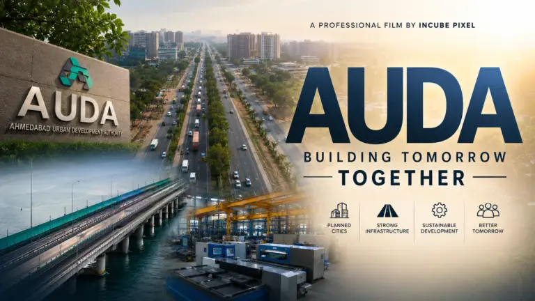 AUDA government development film by Incube Pixel showcasing urban infrastructure, road connectivity, public facilities, aerial city views, regional planning, and cinematic documentary storytelling.