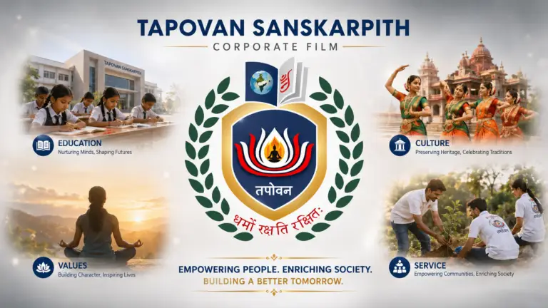 Tapovan Sanskarpith educational institution film by Incube Pixel featuring classrooms, student activities, cultural programs, campus life, teacher-student interactions, holistic education, and cinematic institutional storytelling.