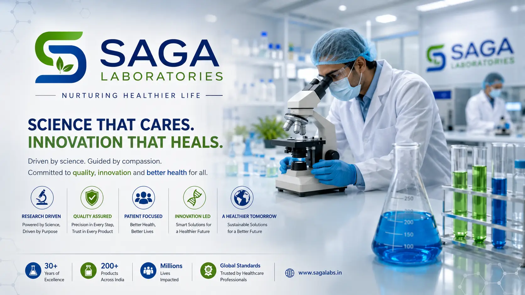 Saga Laboratories pharmaceutical corporate film by Incube Pixel featuring cleanroom manufacturing, laboratory environments, pharmaceutical production, quality control, automated machinery, motion graphics, and cinematic healthcare corporate storytelling.
