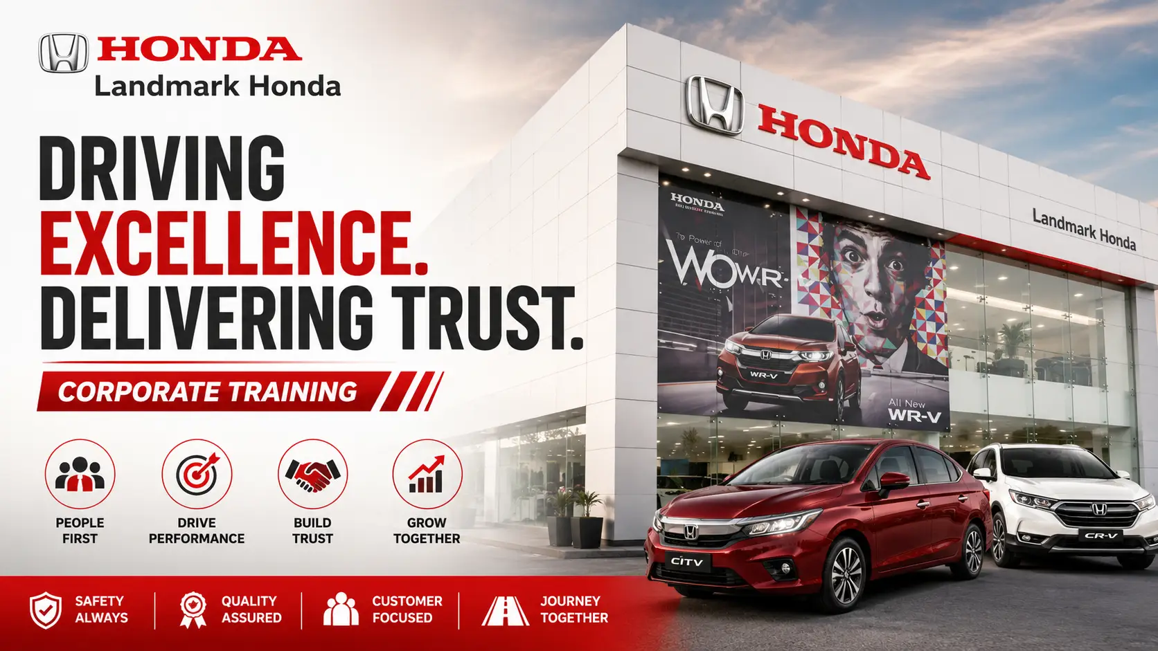 Landmark Honda corporate training film by Incube Pixel featuring dealership operations, employee training, customer service scenarios, vehicle servicing, showroom interactions, onboarding processes, and cinematic corporate learning storytelling.