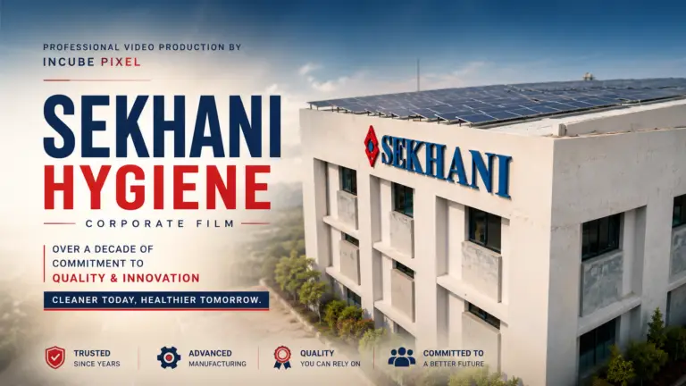Sekhani Hygiene corporate film by Incube Pixel featuring hygiene product manufacturing, packaging operations, quality control, modern factory infrastructure, premium FMCG production, and cinematic industrial storytelling.