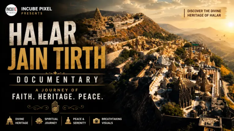 Halar Jain Tirth documentary by Incube Pixel showcasing Jain temple architecture, devotional rituals, intricate carvings, aerial cinematography, spiritual heritage, and cinematic religious storytelling.