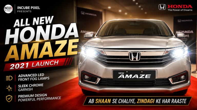 Honda Amaze 2021 launch film by Incube Pixel featuring cinematic automotive visuals, driving sequences, influencer-led storytelling, interior highlights, lifestyle cinematography, and premium automotive filmmaking.